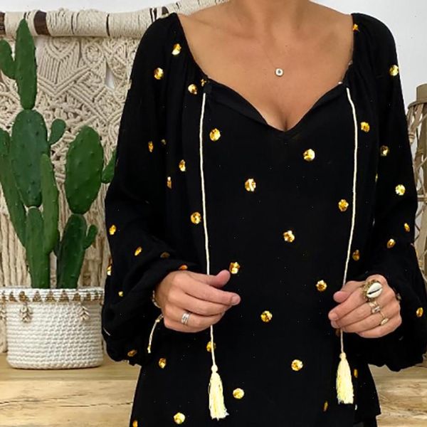

plus size women blouse v neck tassel dots print long flare sleeve loose pullover female 2021 summer fashion long blouses, White