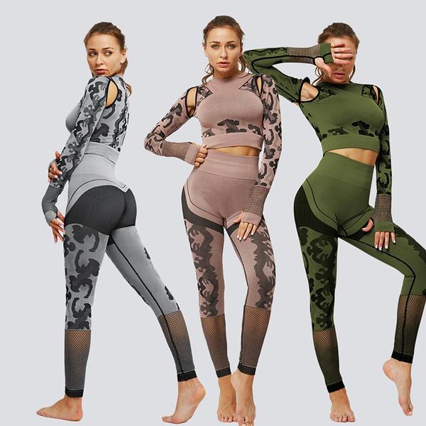 

yoga outfits camouflage women sport suit 2pc sports shirts crop set gym clothes fitness tracksuit workout, White;red