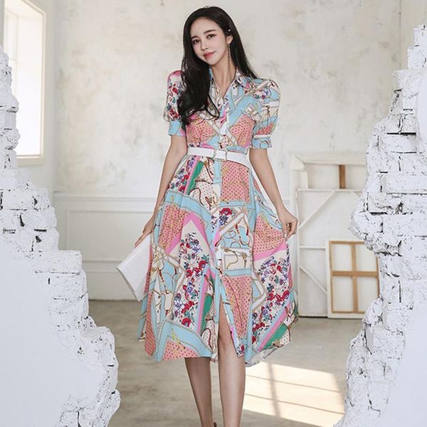 

casual dresses summer chiffon long dress for women vintage bubble short-sleeved printed single-breasted slim shirt robe femme with belt, Black;gray