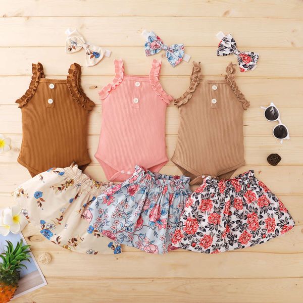 

suit children's summer clothing girls' sleeveless suspender triangle khaki creeper print skirt, White