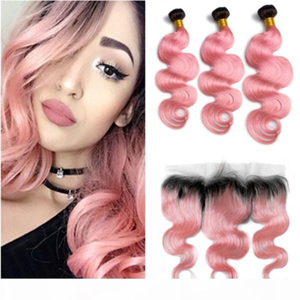 

#1b pink ombre hair bundles body wave brazilian human hair 3bundles with frontal ombre pink human hair wefts with 13x4 lace frontal closure, Black;brown