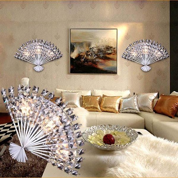 

funky fan shaped crystal stainless steel led lamp light wall sconce for bar store foyer bedroom lamps