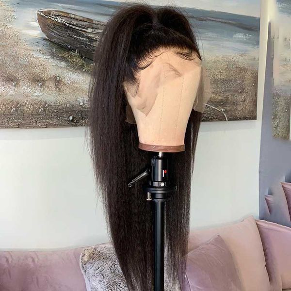 

synthetic wigs 26inch 180%density long yaki straight lace front wig kinkiy heat resistant hair natural hairline black women
