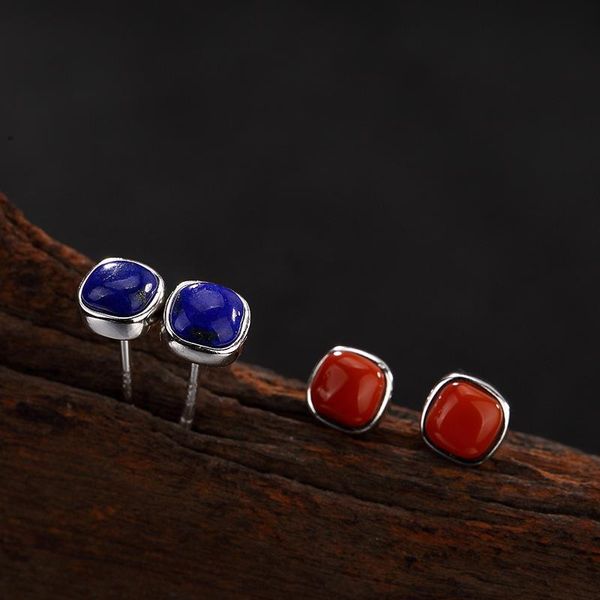 

hoop & huggie retro square natural south red agate lapis lazuli simple earrings meibapj s925 sterling silver boutique jewelry, Golden;silver