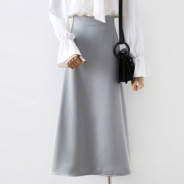 

new 2021 vero de cintura alta do vintage feminino a linha longa moda cor pura elegante cetim midi comprimento faldas jupe femme saia wb82, Black