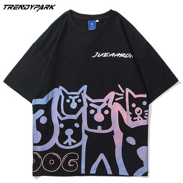 T-shirt dos homens de verão de manga curta engraçado reflexão cães impressos de algodão superdimensionado casual harajuku streetwear top tshirts 210601