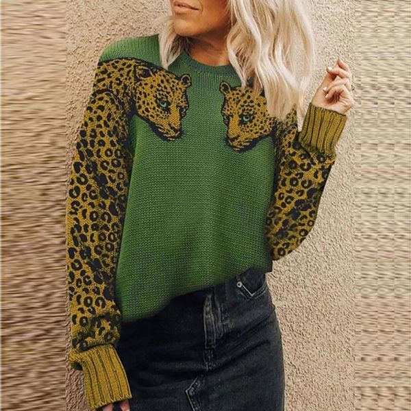 

women's sweaters women sweater casual loose full-sleeve stitching animal print o neck blouse female knitwear jumper pullover chic, White;black