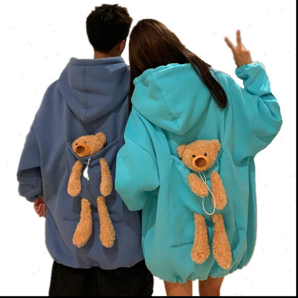 

autumn hoodies women thicken plus velvet bear toy back big pocket warm soft hooded sweatshirt couple matching pullover top, Black