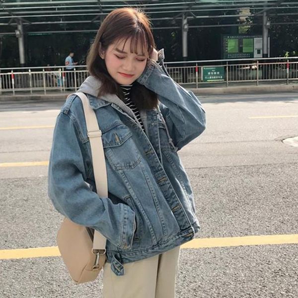 

women's jackets spring casual vintage women hooded denim autumn loose solid female bf streetwear coats ladies long sleeve outerwear wj1, Black;brown