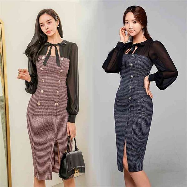 

han edition autumn style with hollow out led gauze bag hip double-breasted sleeve cultivate one's morality dress 210602, Black;gray