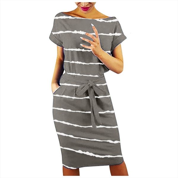 

40 striped printed pocket summer womens dress office short sleeve evening party vintage plus size dresses for women, Black;gray