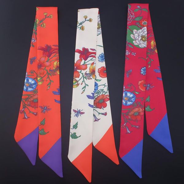 

scarves 90*5cm butterfly flower printing all-match small ribbon tie bag handle silk scarf hair band neckerchief, Blue;gray