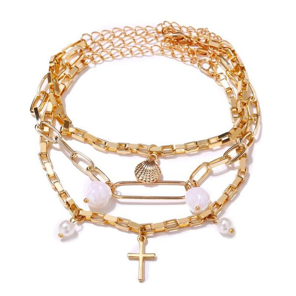 

anklets bracelet creative retro simple cross metal scallop pearl set 3-piece, Red;blue