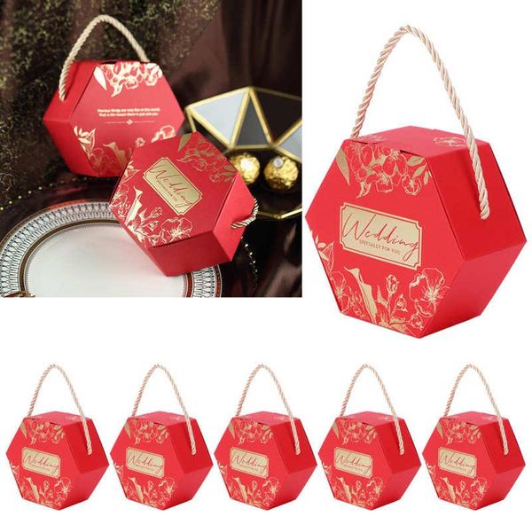 

10 set candy boxes bags hexagonal chocolate gift boxes with ropes for wedding supplies 2021 new
