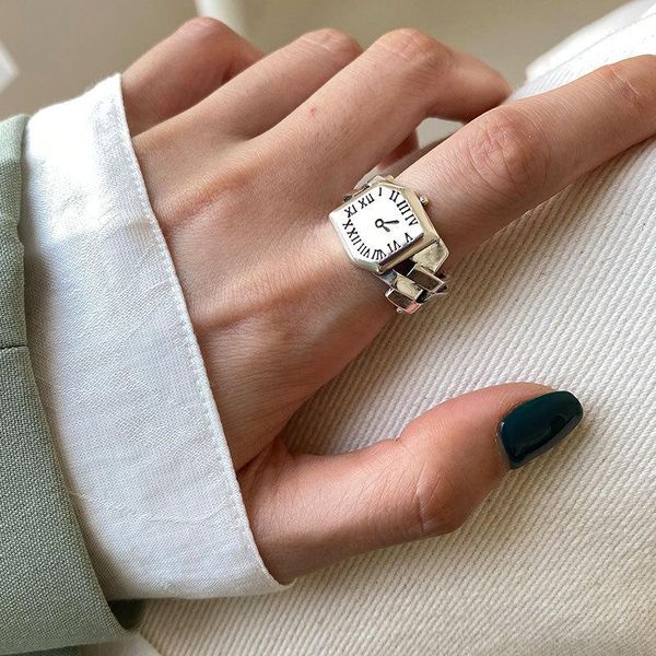 

cluster rings silvology 925 sterling silver watch shape for women vintage roman numerals weave chain punk rock creative jewelry, Golden;silver