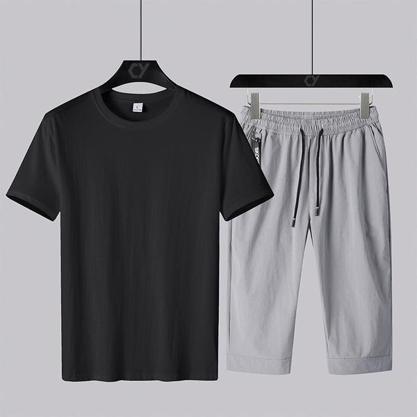 

male summer casual tracksuit clothing men set fitness suit sporting suits short sleeve t shirt + shorts quick drying 2 piece set, Gray