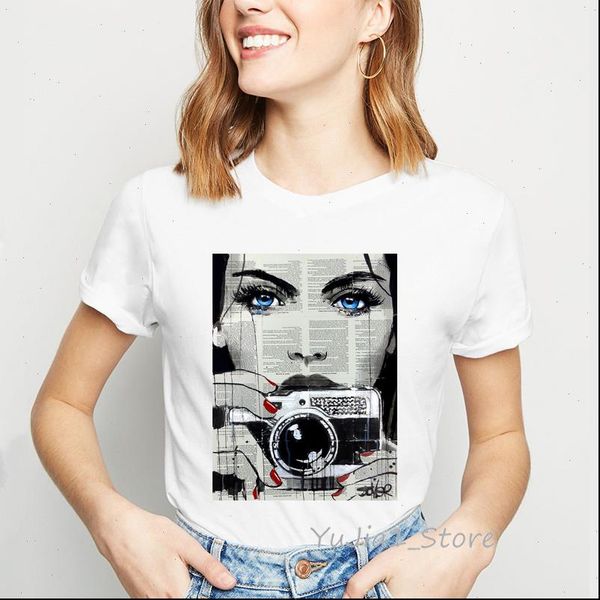 

pgraphic print tshirt women vintage camera girl design t shirt 90s chemise femme diy holiday shirt, White