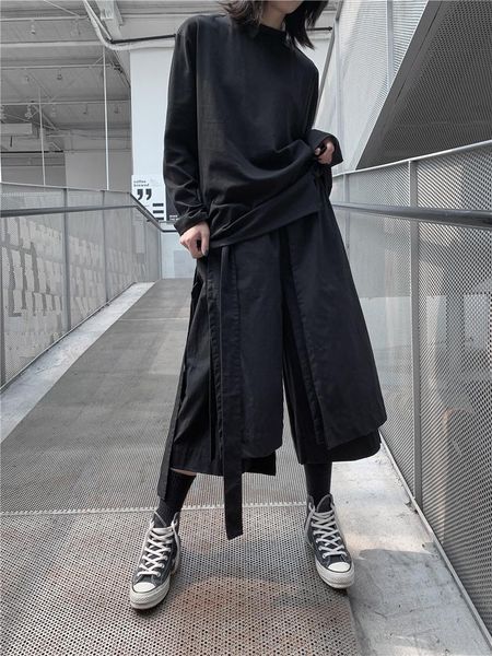 

women's pants & capris autumn winter women solid dark straps loose oversize straight streetwear trousers femme gothic owen japan style, Black;white