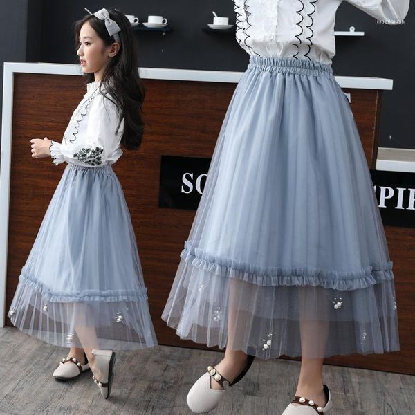 

skirts summer soft tulle girls tutu high waist kids long mesh patchwork children party ball gown 3-14t11, Blue