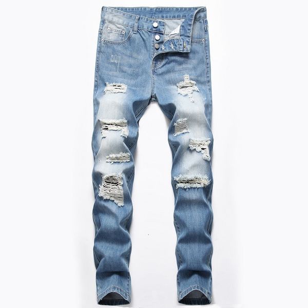 

jeans nostalgic personality hole button men's straight pants, Blue