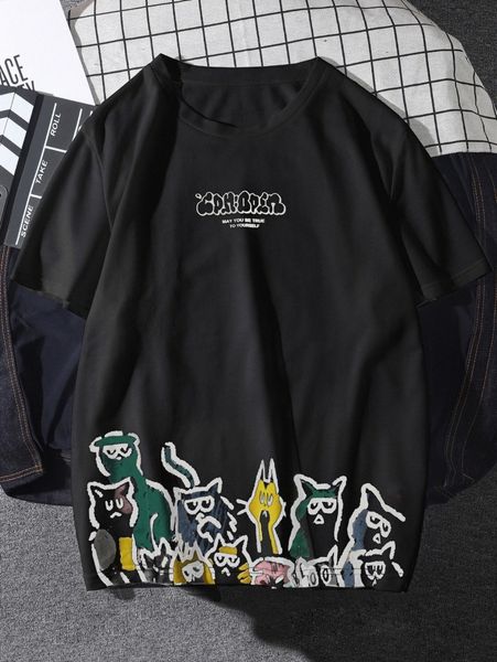 

men slogan and cartoon graphic tee h2un#, White;black