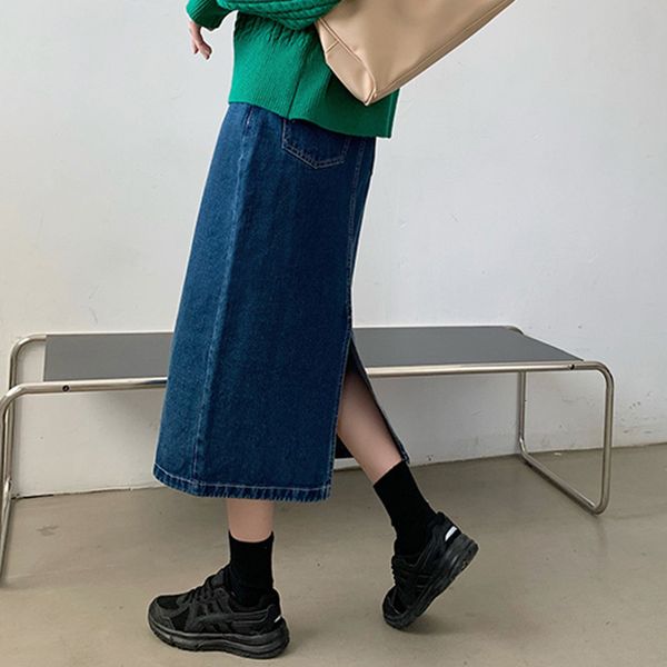 

2021 new blue denim women korean style vintage jeans skirt casual high waist split a line skirts long for womens(72826 plj9, Black