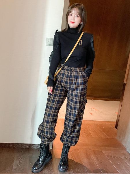 

women's two piece pants corset contrast plaid loose show thin fashionable high waist casual winter plus sizes large size quality, White