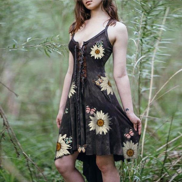 

women bohemian sunflower butterfly print sundress irregular hem mini dress sleeveless bodycon sheath party dresses #t2q, Black;gray