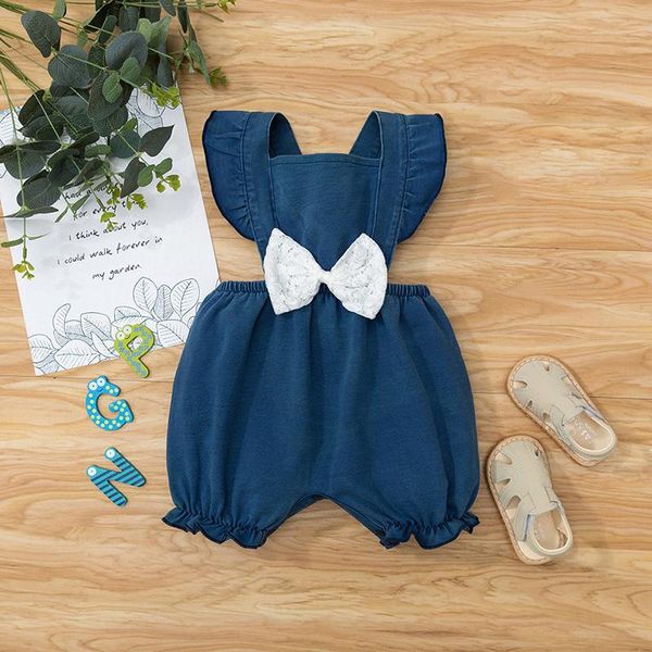 

jumpsuits summer infant born baby girls romper cotton knitted denim one-piece jumpsuit waist bow decoration blue clothes