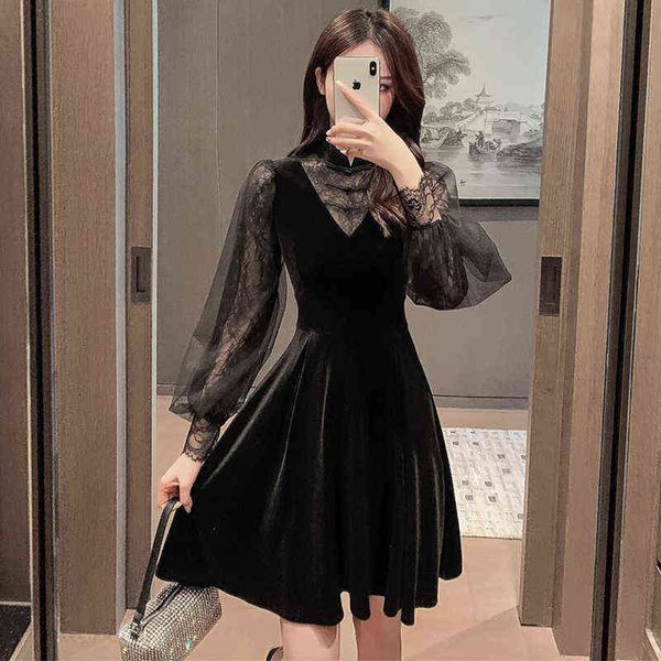 

new vintage lace perspective long sleeve mini party dress ladies elegant streetwear folds female velvet black short dress y1204, Black;gray