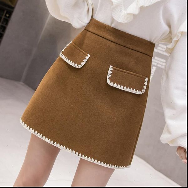 

korean clothes zipper patchwork embroidery woolen mini skirts womens 2021 autumn spring fashion jupe femme khaki b9d418, Black