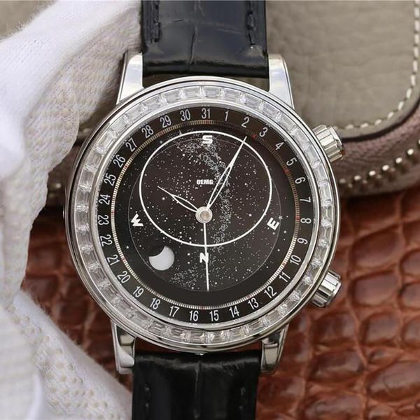 

wristwatches men's watch complication chronograph automatic mechanical oemg 6104 black starry sky 44mm leather strap 1:1, Slivery;brown