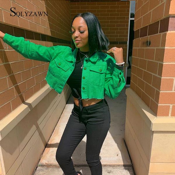 

streetwear denim cropped jacket female gothic button ripped cowboy bomber coat harajuku vintage green black long sleeve clothes 201014, Black;brown