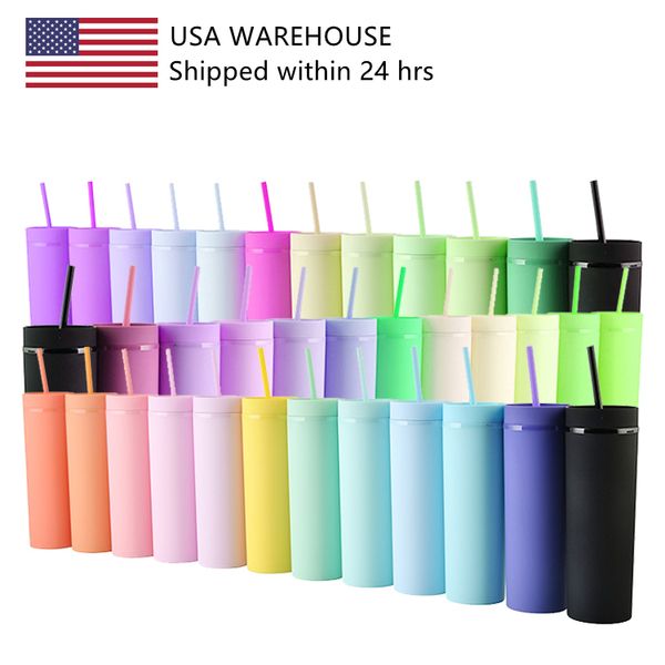 

usa local stock warehouse 24 pcs mixed color 16oz double wall resuable plastic cup round plastic water bottles with straw and lids