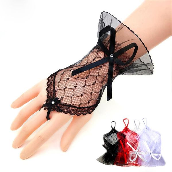 Trendy Weiß Schwarz Rot Farbe Braut Party Handschuhe Fingerlose Sexy Spitze Kurzen Bogen Handschuh für Frauen