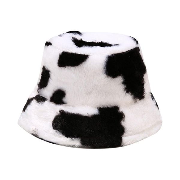 

outdoor hats women fluffy plush bucket hat cute winter warm fashion travel fisherman cap cow print portable polyester windproof soft, Black;white
