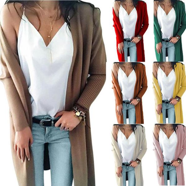 

women's knits & tees multi-color autumn winter european and american style knitted sweater double pocket mid-length cardigan, White