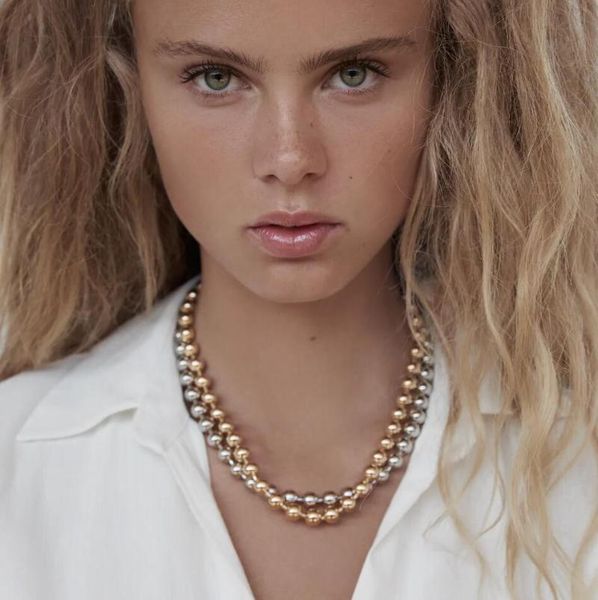 

2021 new metal beaded chokers necklaces women fashion simple hip hop punk statement retro choker necklace jewelry femme, Golden;silver