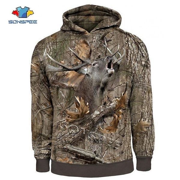 

sonspee fashion streetwear hooded sweatshirt long sleeve men women casual pullover camo hunting animals elk 3d zip hoodies hoody 201128, Black