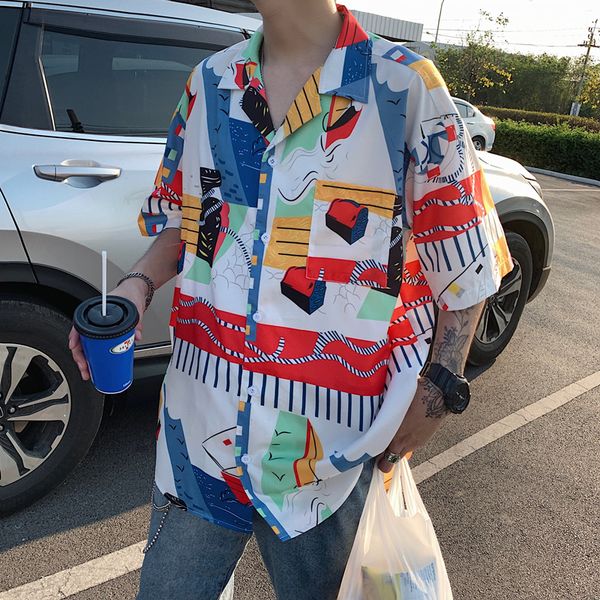 

2021 new summer men's leisure printing short sleeve high-quality beach shirts loose lapel collar clothing red/green shirt -xl u5qy, White