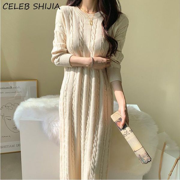 

casual dresses shijia autumn o-neck elegant long knitted dress woman full-sleeve twist apricot solid korean maxi vestido sweater feamle 2021, Black;gray