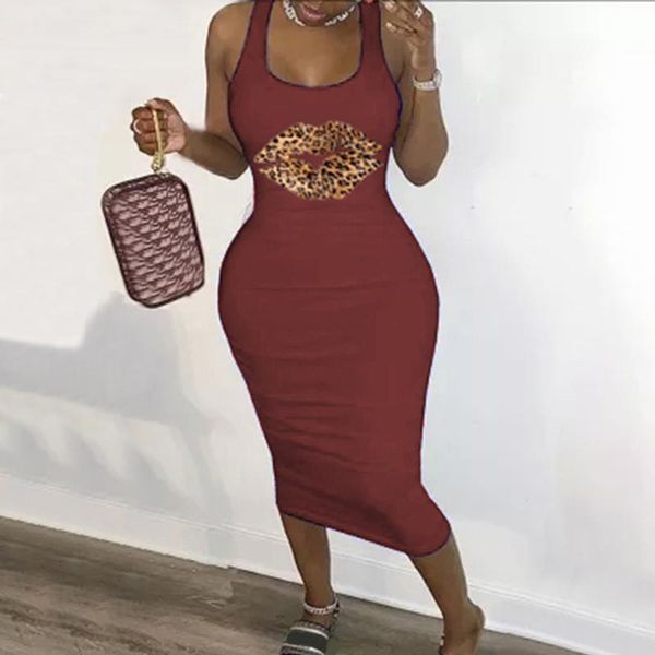 

casual dresses plus size leopard lips crewneck sleeveless women's fashion summer basic maxi dress sale, Black;gray