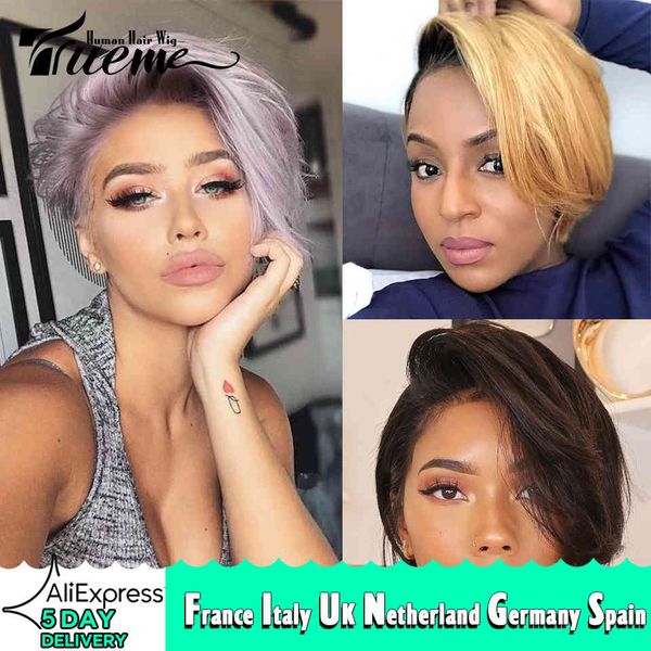 

trueme short bob lace wig remy brazilian human hair u part s for women ombre blonde purple red pixie cut l, Black;brown