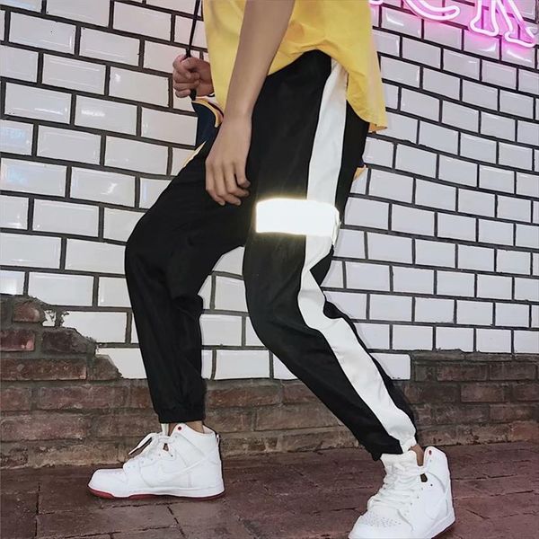 

harajuku pencil with flash reflective women pant patch summer thin style loose joggers fashion hip hop trousers striped, Black