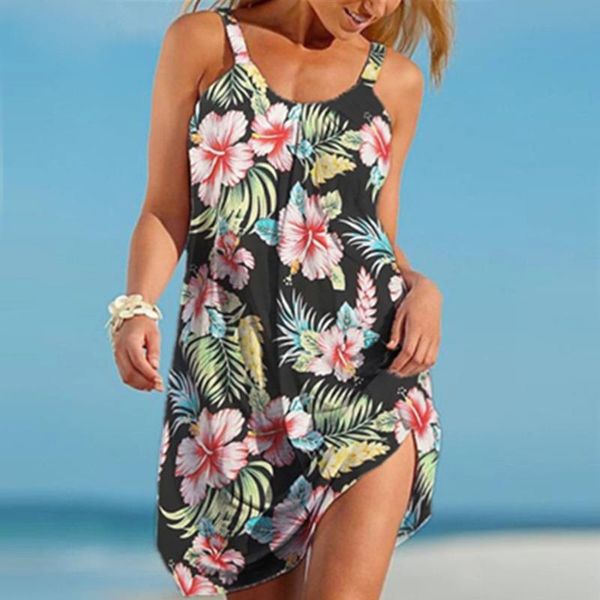 

casual dresses 40# summer sleeveless tank dress women loose vintage printed for 2021 holiday beach women's sundress vestidos, Black;gray