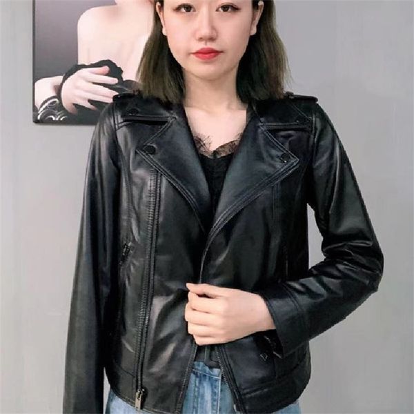 

2021 spring and autumn leather women's head layer sheepskin slim locomotive short zipper lapel, Black