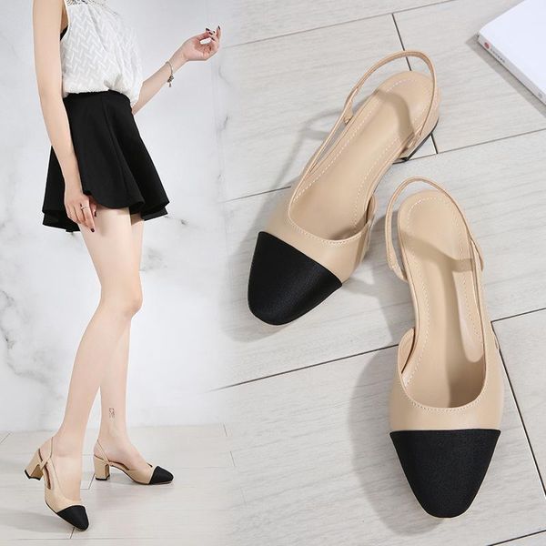 

dress shoes mixed color chunky single women summer patchwork shallow sandals side cut out stretch back strap slip on slingback, Black