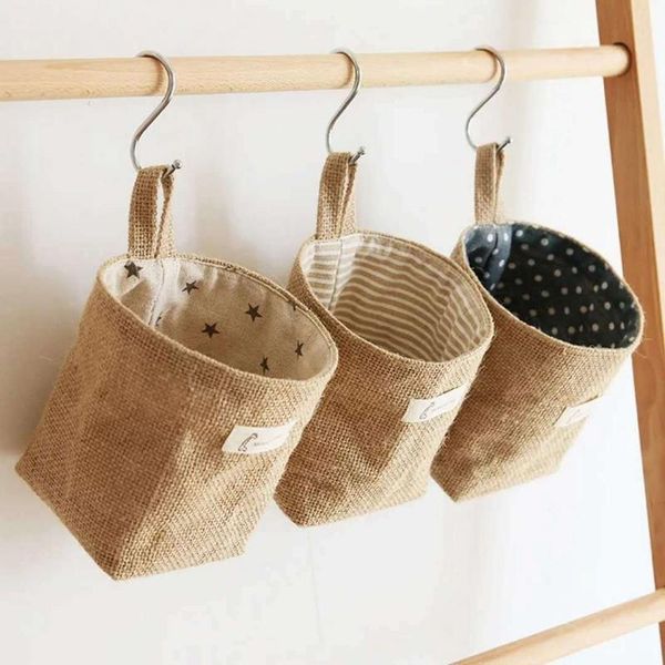

storage bags hanging pocket basket small desktoy sundries organizer cosmetic underware cotton linen bag office stationery