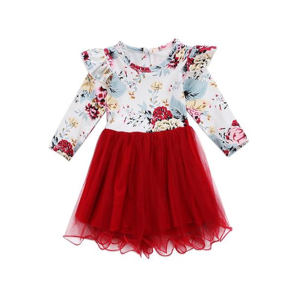

girl's dresses baby girl gown born kids girls long sleeve flower tulle dress patchwork for 2021 vestidos, Red;yellow