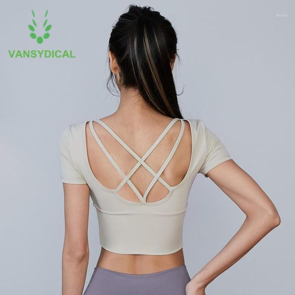 

women open back yoga shirts gym sports workout cropped quick dry summer fitness jogging short sleeve with chest padded outfit
